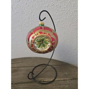 Vintage G&D Multi Reflector Glass Christmas Ornament Red Gold Green Indent